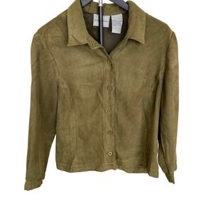 Studio Ease Womens Olive Green Faux Suede Button Down Shirt Jacket Size 12